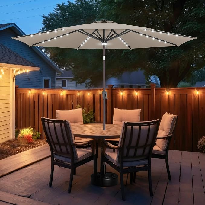 FLAME&SHADE 10 FT Solar Light Patio Umbrella, 40 LED Lights Outdoor Umbrella with Centre Surround Light, Table Market Umbrella for Deck, Pool, Porch, Backyard, Garden, UV Protection, Taupe