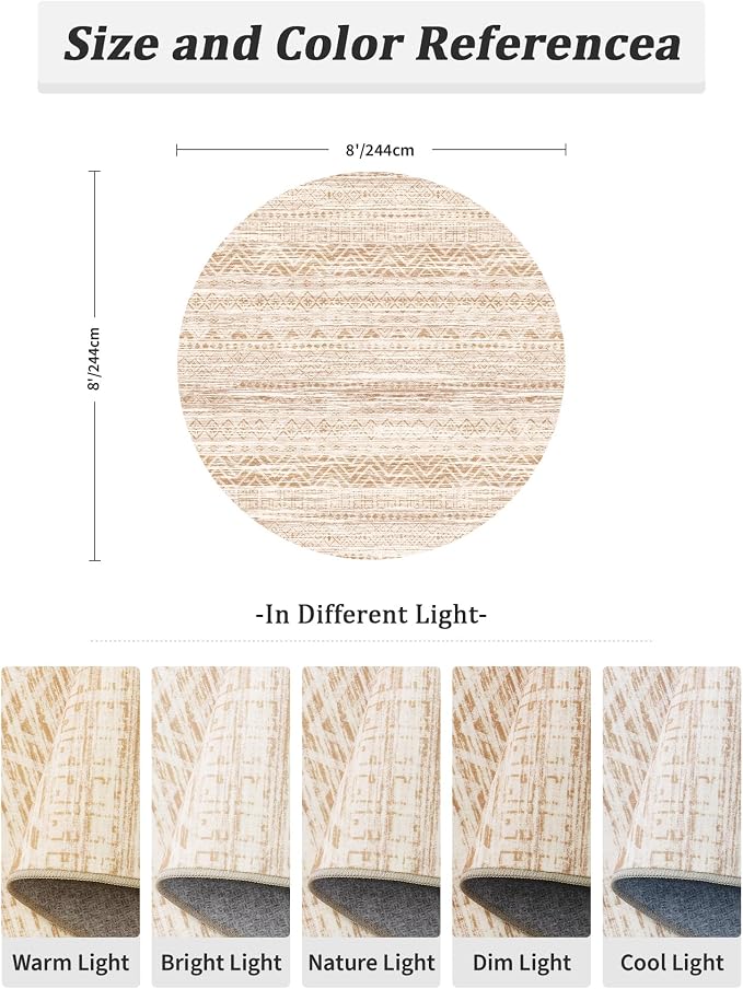 Miukiki Round Rugs 8ft Washable Moroccan Circle Rug for Living Room Beige | Non Slip Indoor Floor Carpet Foldable Area Rug for Dining Room with Low Pile 8ft