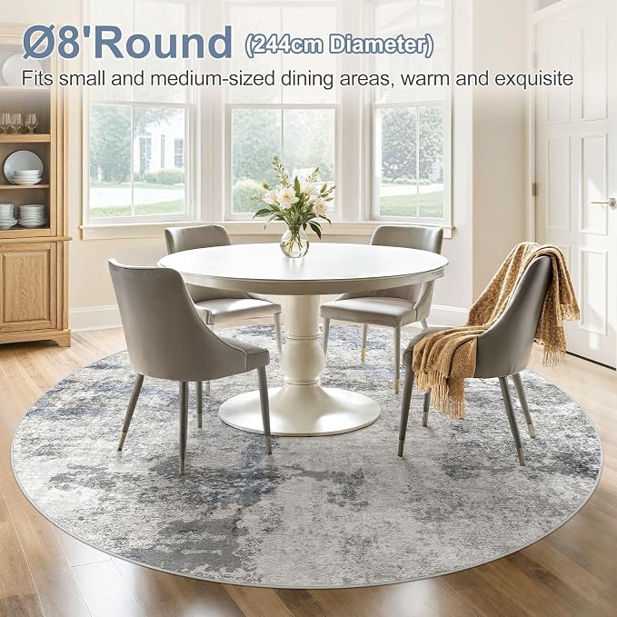 DMOYEST 8ft Round Area Rug for Living Room Washable Non Slip Circle Rug | 8x8 Neutral Modern Abstract Low Pile Rugs Kid & Pet Friendly Soft Carpet for Bedroom Dining Room - Grey Blue