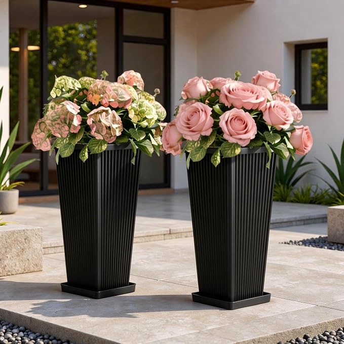 Front Porch Planters Outdoor Set of 2, 24" Tall Plastic Planters for Outdoor Plants with Drainage, Extra Large Outdoor Planter Pots, Tapered Tall Planters for Front Door & Indoor Plants, Black
