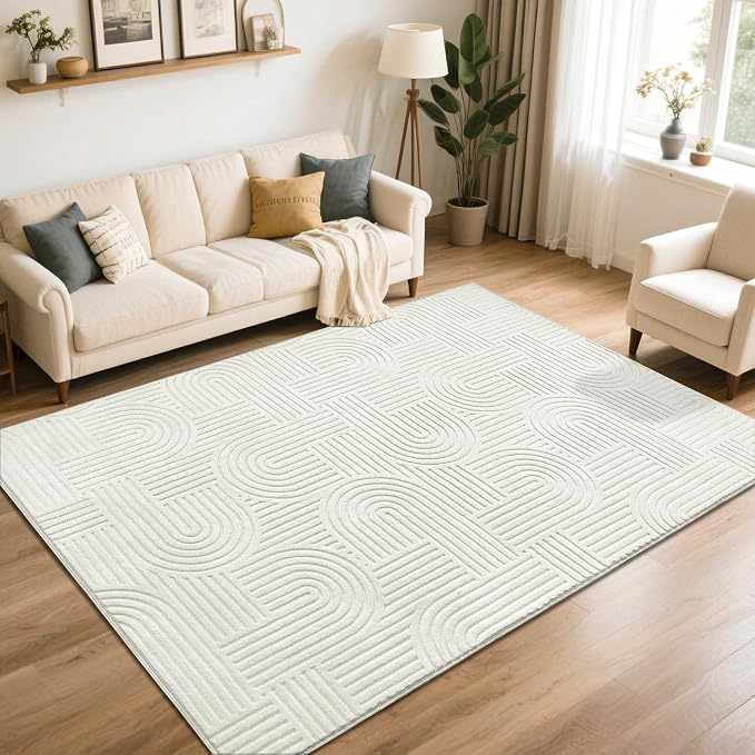 SHACOS Soft Cozy Fluffy Arch Pattern High Low Pile Rugs 4'x6' Non Slip Washable Scandinavian Minimalist Rug Modern Geometric Arc Carpet for Living Room Bedroom Dining Room, Cream White