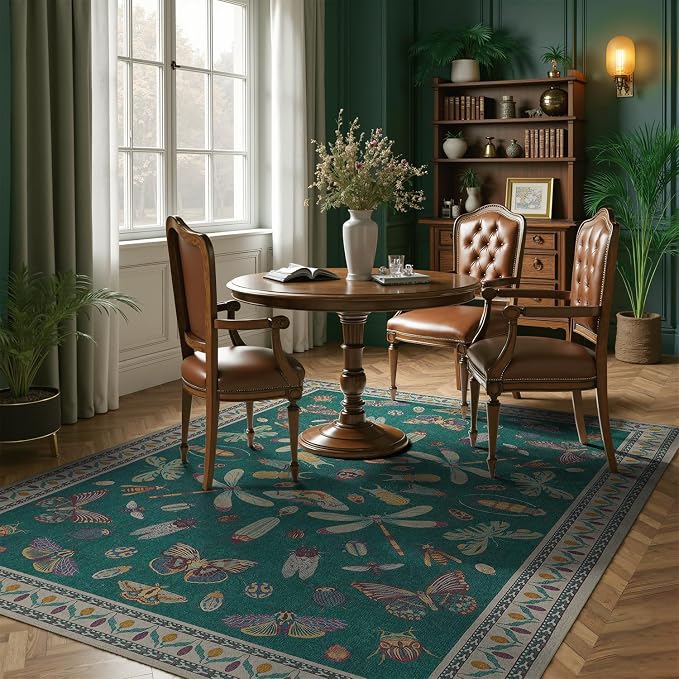 DCX 6x9 Washable Bug Rug for Living Room, Soft Low Pile Rug, Deep Teal | Easy to clean, non-shedding, soft, kid & pet friendly, with a non-slip rubber backing for bedrooms, and nature-themed decor