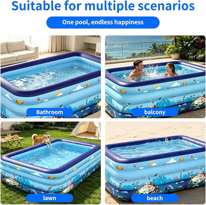 HAIKE Inflatable Pool for Adults and Kids, Summer 4 Layer Thickened Swimming Pool, Rectangle Blow Up Pool for Backyard Garden, Family Full-Sized Kids Pool Outdoor Water Party (47.2"x35.4"x29.5")