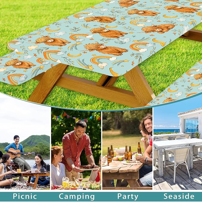 Picnic Table Cover with Bench Covers and Bag, Cute Cow Camping Essentials Waterproof Windproof, Fitted Tablecloth Cover with Elastic Edge, for Indoor & Outdoor, Camping, 3 Pieces Set, 30x72 IN