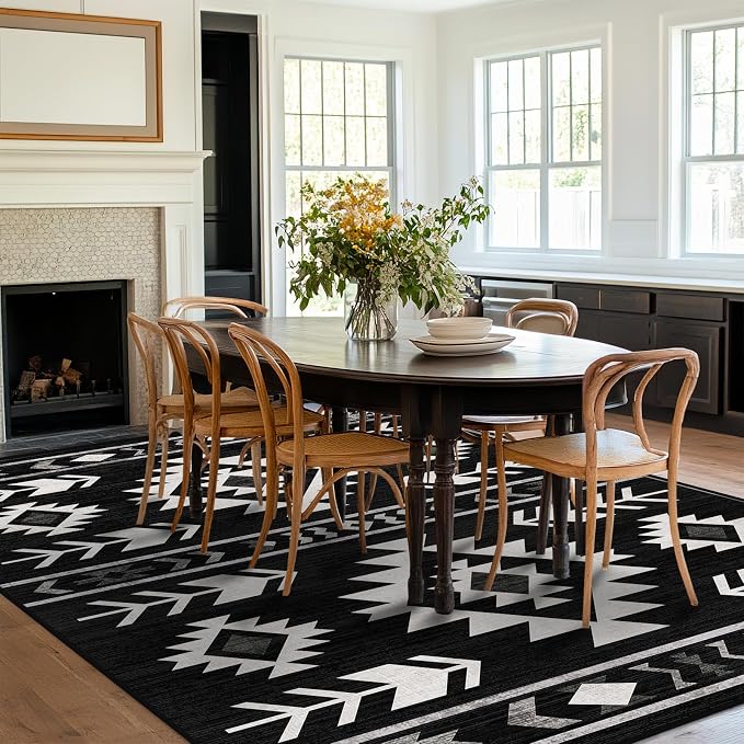 8x10 Area Rug for Living Room Western Rug Southwestern Aztec Tribal Rugs Southwest Navajo Machine Washable Non-Slip Printed Low-Pile Floor Carpet for Bedroom Dining Room Office, Black