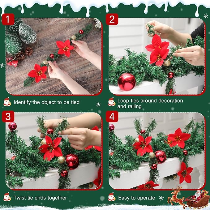 Zhengmy 30 Pcs 20 Inch Christmas Garland Ties with Poinsettia & Ornaments, Decorative Twist Tie for Banister Flexible Pine Stems for Christmas Stairs Railing Banister Decor DIY Craft Gift Wrapping