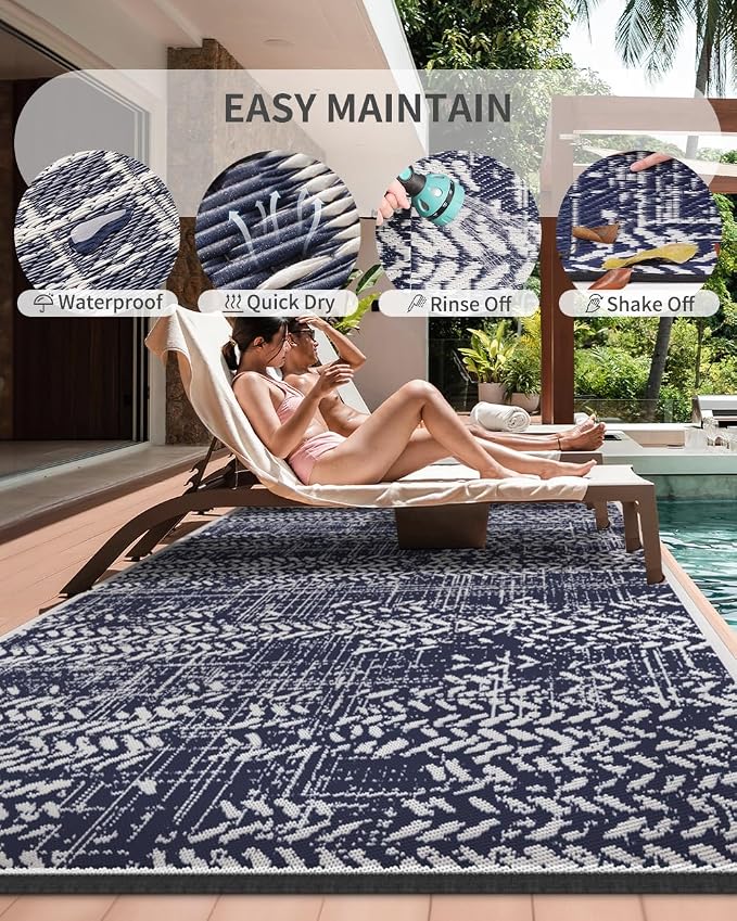 MontVoo Outdoor Rug 8x10 Waterproof-Patio Rug Mat Outdoor RV Camping Picnic Beach Mat Plastic Straw Rugs Outside Outdoor Area Rugs for Balcony Deck Backyard Navy Blue