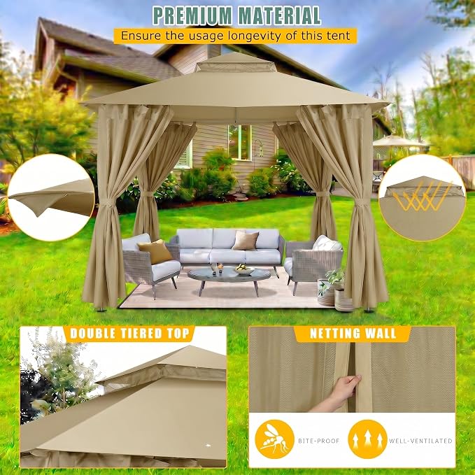 COBIZI 10x10 Gazebo with Double Roof & Mosquito Netting Outdoor Heavy-Duty Party Tent, Patio Tent with Zipper Screens - Backyard Garden Lawn Shelter Includes Wind Ropes Expansion Bolts, Khaki