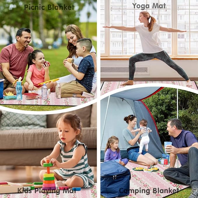 Pink Flower Picnic Blankets Waterproof Foldable, 60’‘x80'' Portable Outdoor Picnic Mat Water Resistant for Grass, Padded Lawn & Park Blanket for Camping, Hiking