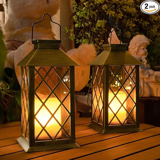 TAKE ME 14" Solar Lanterns Outdoor Waterproof Garden Lanterns Flameless Candle Mission Lights for Table,Outdoor,Party Mothers Day Gifts ( 2 Packs Brush-Painted Antique Bronze Color)