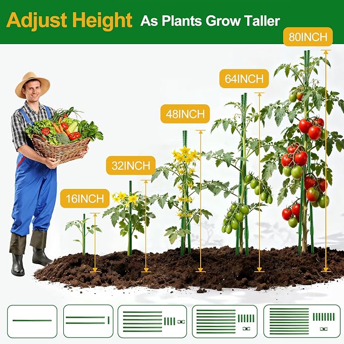 WAENLIR Garden Stakes16 Inch 24 Pack, Tomato cage DIY 4ft 5ft 6ft 7ft 8ft Plant Support Stakes with Connectors and Clips, Plastic Coated Metal Sticks for Tomato Indoor Outdoor
