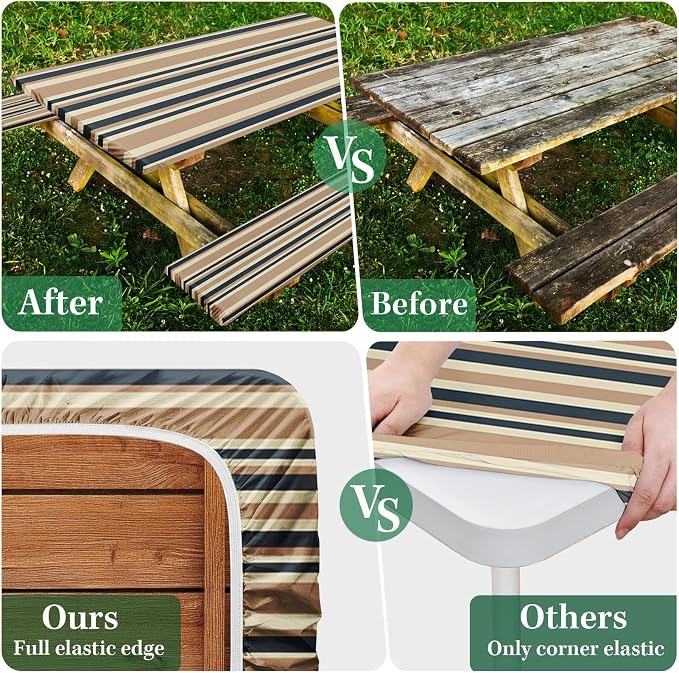Picnic Table Cover with Bench Covers Elastic Edges, Mountain Camper Fitted Table Cover, Outdoor Patio Camping Essentials 72 Inch 3PCS, Waterproof Camping Fitted Tablecloth with Drawstring Bag