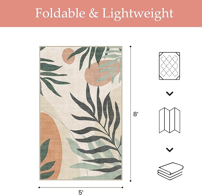 GENIMO Indoor & Outdoor Area Rug 5'x8', Waterproof, Non-Shedding, Easy Cleaning, Leaf Mat for Patio, Living Room, Balcony, Dining Room, RV, Deck, Bedroom, Camping, Outside Carpet, Moss Grey