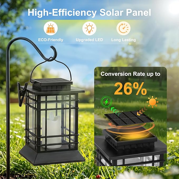 Brightever 4-Pack Solar Lanterns Outdoor Lights, Hanging Solar Lights for Outside, IP65 Waterproof LED Flickering Flameless Candle Mission Lights for Garden Yard Front Porch Path Tree Table Decor
