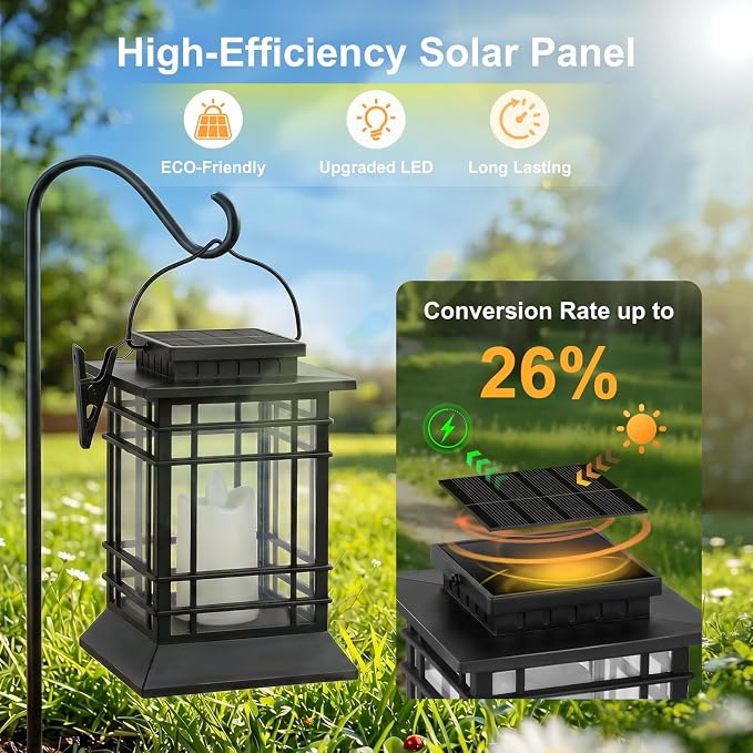 Brightever 2-Pack Hanging Solar Lanterns Outdoor Waterproof, Lanterns Decorative Outdoor with LED Flameless Candle, Dual Modes (Flicker & Steady On), Solar Lantern Lamp for Patio Yard Table Garden
