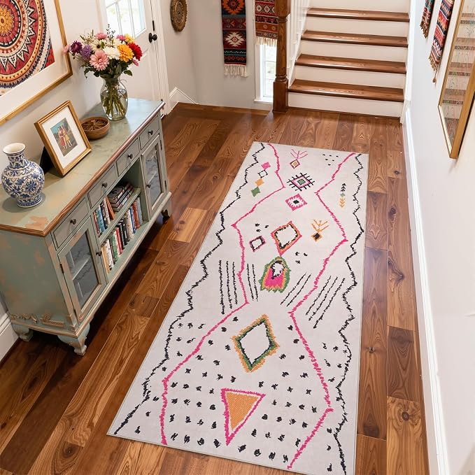 jinchan 3x7 Runner Rug Hot Nerd Boho Geometric Washable Hallway Rug, Beige | Tribal Inspired, Abstract Pattern, Irregular Lines, Washable, Soft Texture, Non-Slip, Low Pile, Kitchen, Bedroom