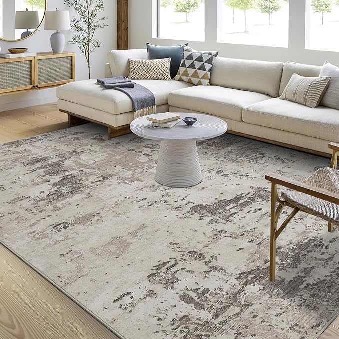ROYHOME Modern Abstract Area Rug 5x7 Non Slip, Brown Grey | Non Shedding Rug Low Pile Stain Resistant for Bedroom Living Room