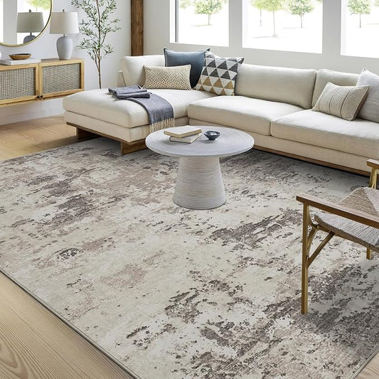 ROYHOME Modern Abstract Area Rug 4x6 Non Slip, Brown Grey | Non Shedding Rug Low Pile Stain Resistant for Bedroom Living Room