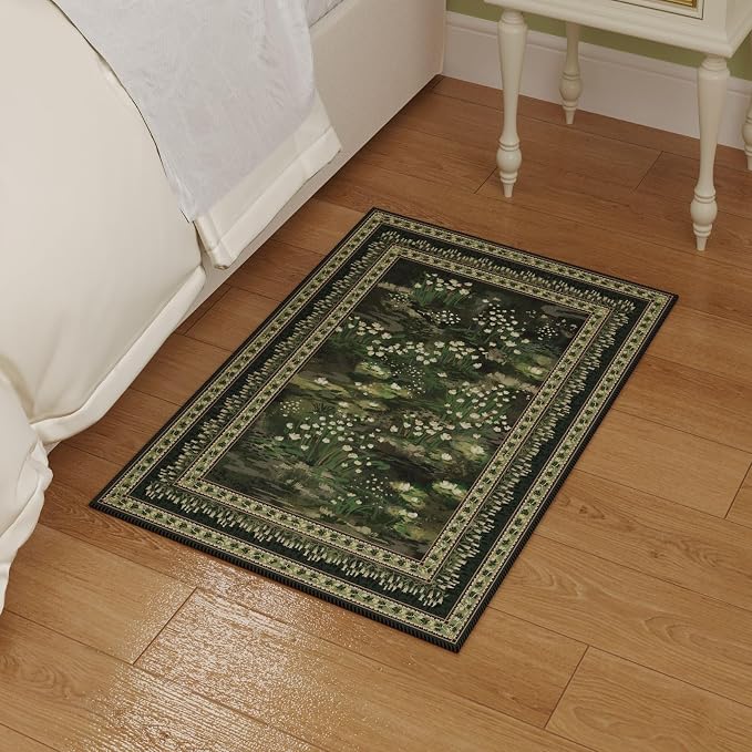 Rugcomf 2x3 Rug Impressionist-Style Vintage Indoor Door Mat Machine Washable Small Area Rug Non-Slip Low Pile Throw Rugs for Entryway Kitchen Front Door Indoor Entrance Entry Kids Room, Green