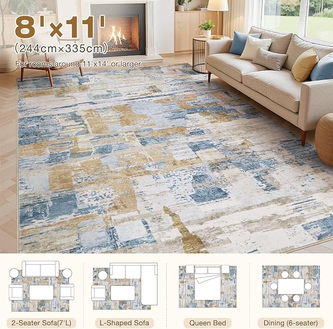 kakania Abstract 8x11 Area Rugs for Living Room: Washable Rugs Blue | Soft, Non-Slip, Low-Pile, Pet & Kid Friendly - Large Modern Home Decor Carpet for Bedroom/Dining Room/Office/Nursery
