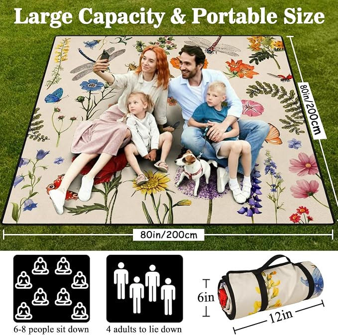 Picnic Blankets Waterproof Foldable Extra Large,80"x 80" Outdoor Beach Blanket Sandproof,3-Layer Lightweight Handy Mat Tote Picnic Camping Rugs for Outside Your Rv (Farmhouse Floral)