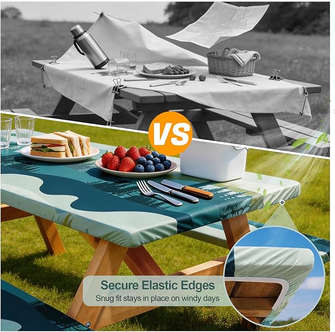 Picnic Table Cover with Bench Covers Camping Essentials Waterproof Windproof Camping Tablecloth with Drawstring Bag, Fitted Rectangle Tables and Seats, 72in, Green Blue