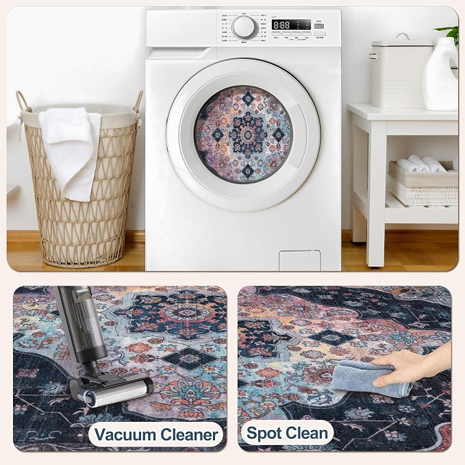 Tangsoo 2x5 Washable Runner Rugs for Hallways, Vintage Non Slip Runner Rug | Oriental Soft Low Pile Long Rug Runner, Vintage Print Indoor Carpet Runners for Entryway Kitchen Bedroom Bathroom Blue Decor