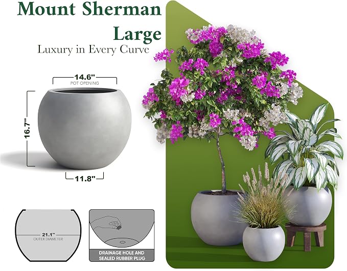 DTY Premium Mt Sherman Fiberstone Sphere Planter for Indoor Outdoor Use, Round Pot for Olive Tree, Lightweight, Smooth Finishes. 2 Extra Coco Mats. Gray, Large 21.1'' D x 16.7'' H. 14.6” Pot Opening
