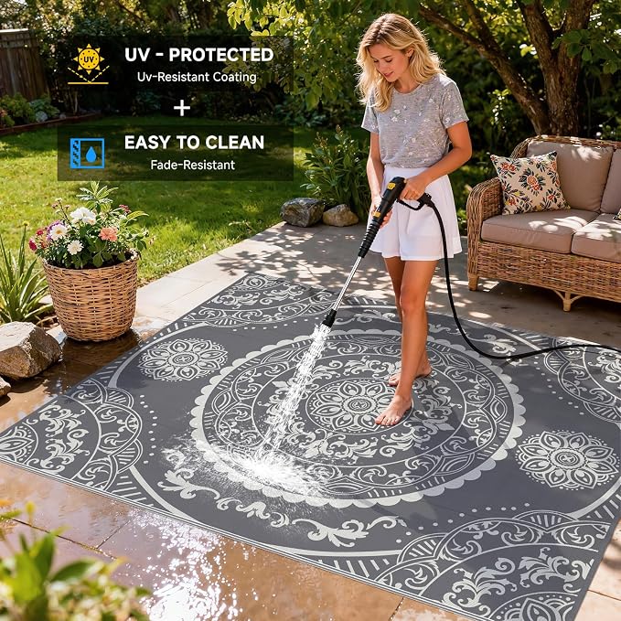 Pauwer Waterproof Outdoor Rug 8x10, Reversible Plastic Straw Patio Camping Rug, Indoor Outdoor RV Mat Carpet for Deck, Camper, Porch, Balcony, Backyard, Picnic, Paisley Grey