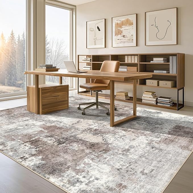 Tortania Washable 12x18 Area Rug for Living Room: Modern Abstract Neutral Large Soft Thin Rugs - Non Slip Indoor Carpet for Bedroom Dining Room Office Nursery Home Floor Decoration - Gray Brown