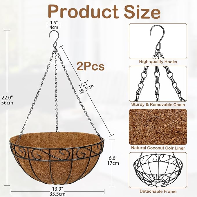 2 Pack 14 inch Metal Hanging Baskets for Plants, Round Metal Wire Hanging Basket Planter with Coco Fiber Liners Chain for Garden Home Porch Patio, Flower Border