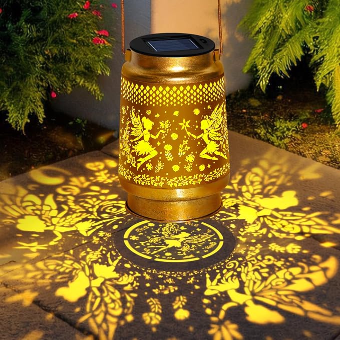2 Packs Fairy Solar Lanterns Outdoor Waterproof with Shepherd Hook,Hanging Solar Lights Fairy Garden Decor,Christmas Decorations Gifts for Women Grandma,Metal Decorative Lanterns for Yard,Patio,Porch