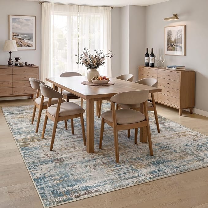 UERMEI 7x9 Area Rug for Living Room Washable Abstract Blue Brown Carpet | Low Pile Non-Slip Soft Neutral Modern Kid Pet Friendly Large Rugs For Bedroom Dining Room Nursery Office Indoor Decor