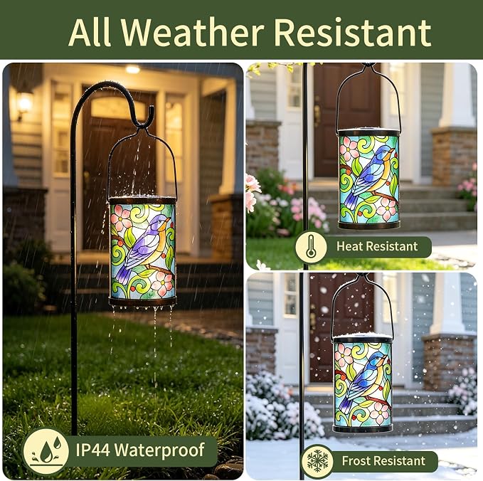 Solar Lantern Outdoor Waterproof Hanging Solar Lights Bluebird Glass Decorative Lanterns for Outdoor Patio Lawn Outside Yard Garden Decor