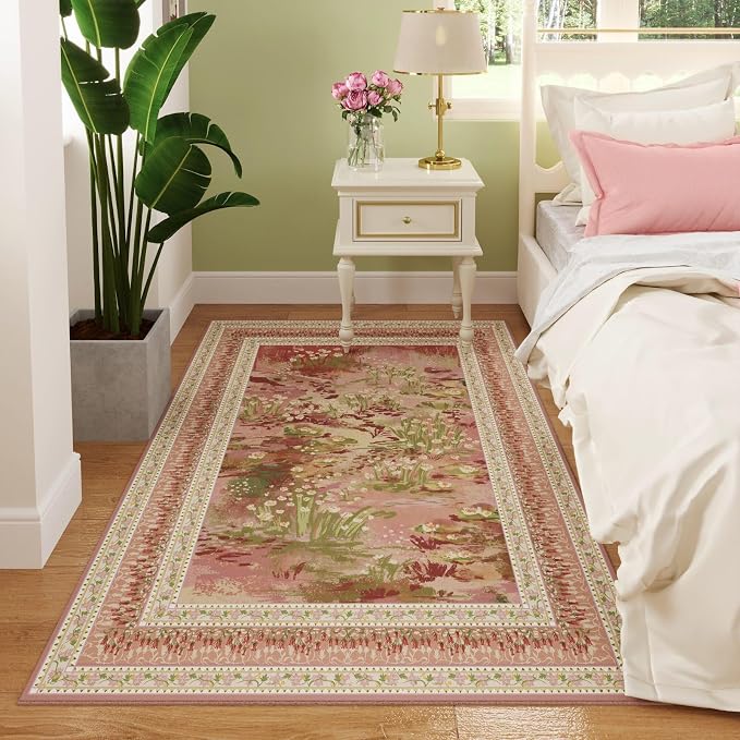Rugcomf 4x6 Rug for Bedroom Impressionist-Style Vintage Washable Rugs Non Slip Low Pile Small Carpet for Bedside Kids Room Office Dining Room, Pink