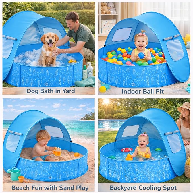 Kids Pool with Canopy, Foldable Pop Up Kiddie Pool with Shade, 35.4 Inch | Includes Carrying Bag, Portable for Backyard and Beach Water Play, Suitable for Kids