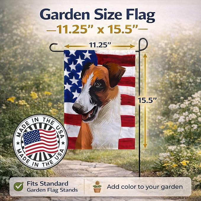 Caroline's Treasures CK6528GF Fox Terrier Smooth Dog American Flag Garden Flag Mailbox Flag Decorative Yard Flag Banner Outside Patio Artwork Yard Flower Beds, Garden Size, Multicolor