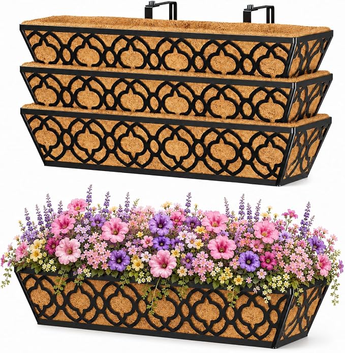 Y&M Railing Planter Boxes 24 Inch 4 Pack, Hanging Balcony Planter, Adjustable Deck Railing Planter Box, Metal Window Boxes Outdoor for Fence, Porch Flower Pots Holder