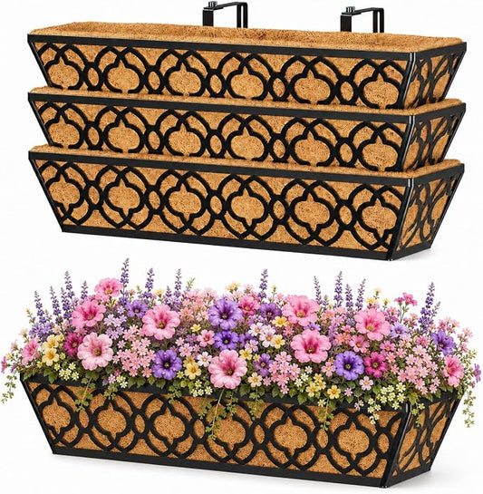 Y&M Railing Planter Boxes 24 Inch 4 Pack, Hanging Balcony Planter, Adjustable Deck Railing Planter Box, Metal Window Boxes Outdoor for Fence, Porch Flower Pots Holder