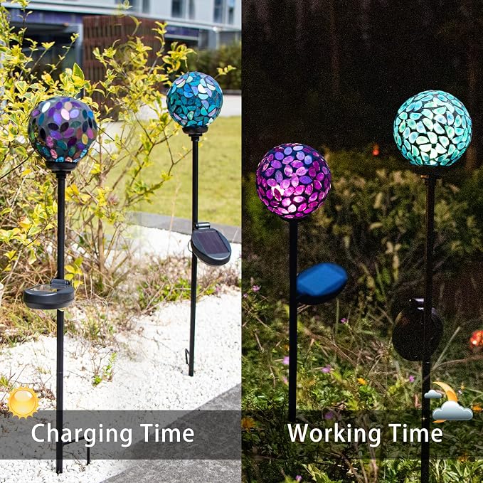 VCUTEKA Decorative Solar Garden Lights, 3.5" Mosaic Globe Stake 2 Pack | Mosaic Glass Design, Solar LED Light, Weather Resistant, Auto On/Off and Metal Stake Design for Lawn and Patio