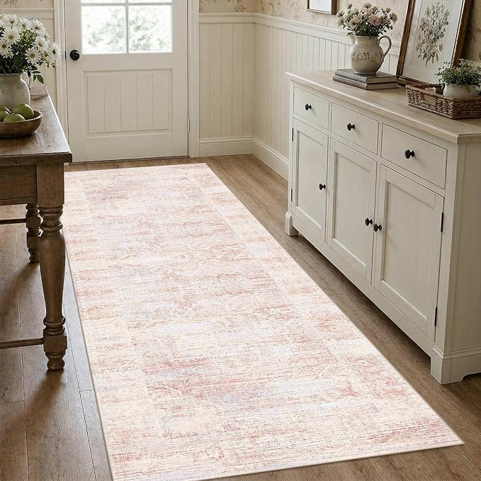 Latte&Fog Washable Hallway 2.6x8 Runner Pink Rug for Kitchen Non Slip | Low Pile Soft Cute Throw Rug Doormat for Entrance Bathroom Laundry Bedside Bedroom Nursery Playroom Hallyway Dorm Office