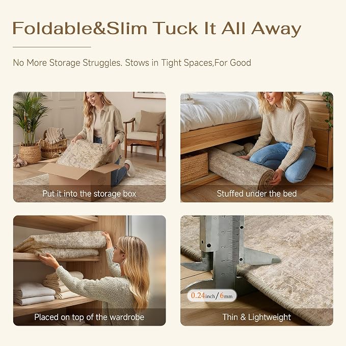 2x3 Beige Farmhouse Area Rug | Washable, Non Slip, Soft Low Pile, Neutral Vintage, for Entryway Kitchen Bathroom Living Room Bedroom Indoor Home Decor