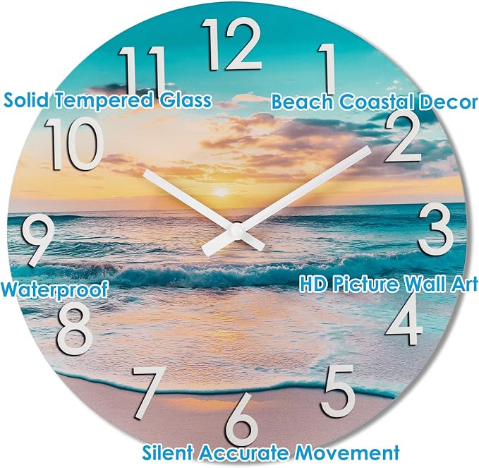 12 Inch Outdoor Clock – Waterproof Tempered Glass with Sunset Beach Scene, UV Resistant, Battery Operated, Silent, Coastal Decor for Patio, Pool, Garden, Porch & Bathroom