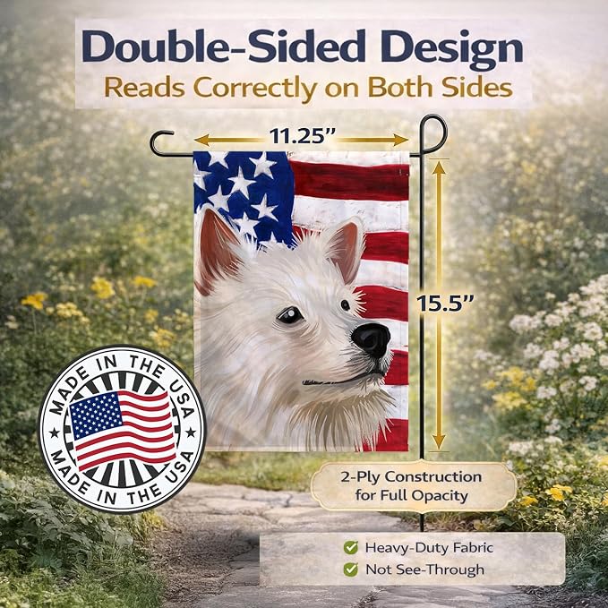 Caroline's Treasures CK6568GF Indian Spitz Dog American Flag Garden Flag Mailbox Flag Decorative Yard Flag Banner Outside Patio Artwork Yard Flower Beds, Garden Size, Multicolor