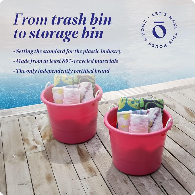 HOMZ 2-Pack Utility Tub, Large Plastic Storage Bucket with Rope Handles, 18 Gallon, Pink - Portable Indoor and Outdoor Buckets for Kitchen, Laundry, Garden, Bathroom, and Garage Organization