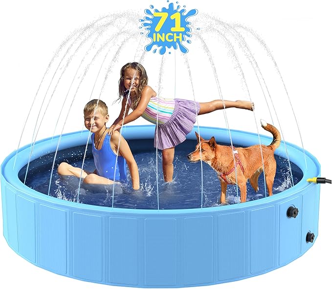 71'' Foldable Dog Pool, Sprinkler Pool for Kids, Non-Slip Dog Swimming Kids Pools, Heavy Duty Dogs Splash Pad Pools for Large Dogs, Hard Plastic Kiddie Pad for Backyard