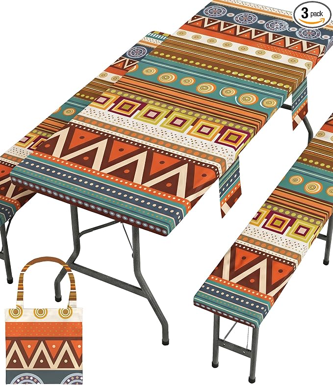 Fitted Picnic Table Cover with Bench Covers Fitted Rectangle Table Cloth Tablecloth Camping Gear Essentials Rv Accessories Road Trip Supplies Car Travel Must Have 8 Ft Foot Feet 96in Bohemian Boho