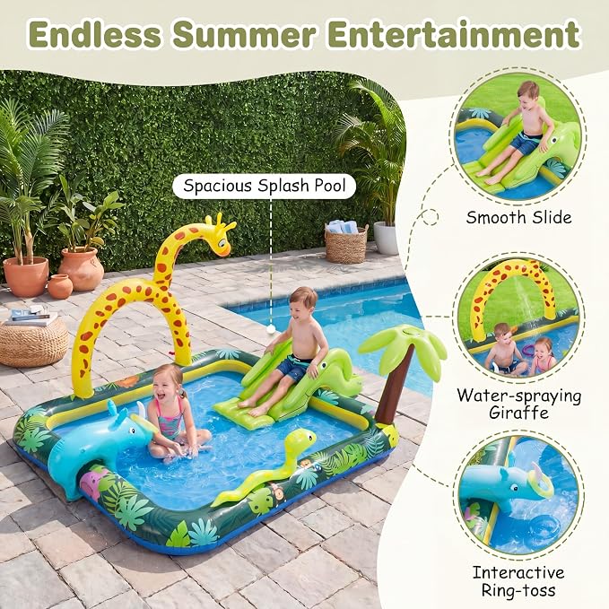 GLACER Inflatable Kiddie Pool, Outdoor Splash Pad with Slide & Sprinkler | Jungle Adventure Toddler Swimming Pool with Ring-Toss Game, Water Play Center for Backyard, Garden, 70"L x 54.5"W x 82"H