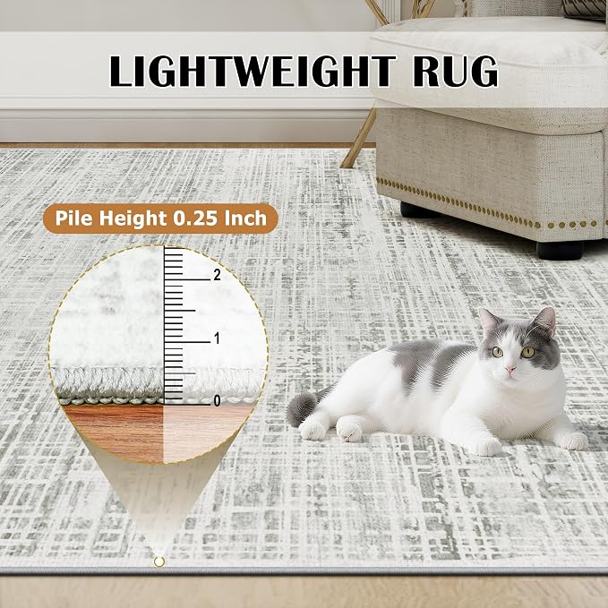 10x12 Washable Area Rug for Living Room Bedroom: Non-Slip Modern White Gray | Machine Washable TPR Backing, Stain-Resistant Low Pile, Pet & Kid Friendly, Abstract Decor for Dining Room, Dorm, Home Office