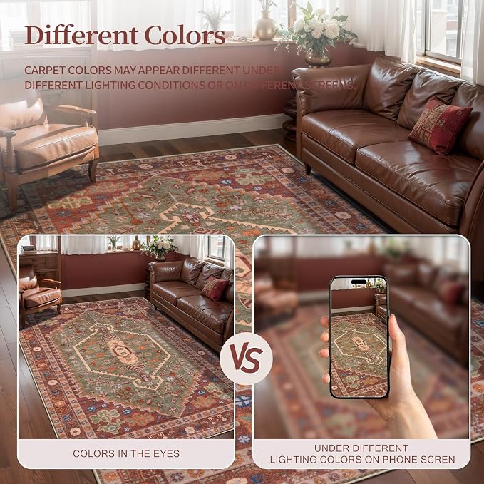 Ciicool Large 9x12 Area Rugs for Living Room,Washable Boho Throw Carpet | Oriental Low-Pile Soft Vintage Non-Slip Indoor Mat for Kitchen Bedroom Bedside Laundry Bathroom Dining Room Foyer Decor